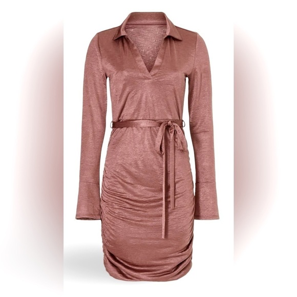 LOUNA🍒SMALL 🍒RICH BRONZE BROWN RUCHED LONG SLEEVED PARTY EVENT DRESS 🍒 - Picture 4 of 16